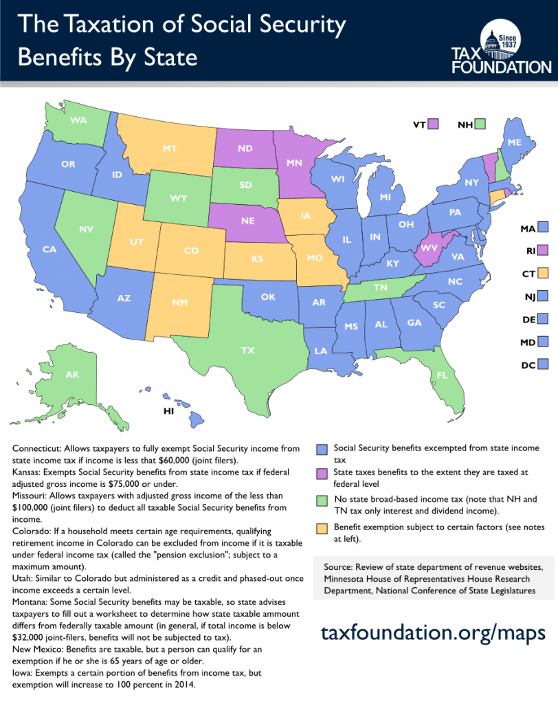 Color‑coded U.S. state map with Social Security tax info
