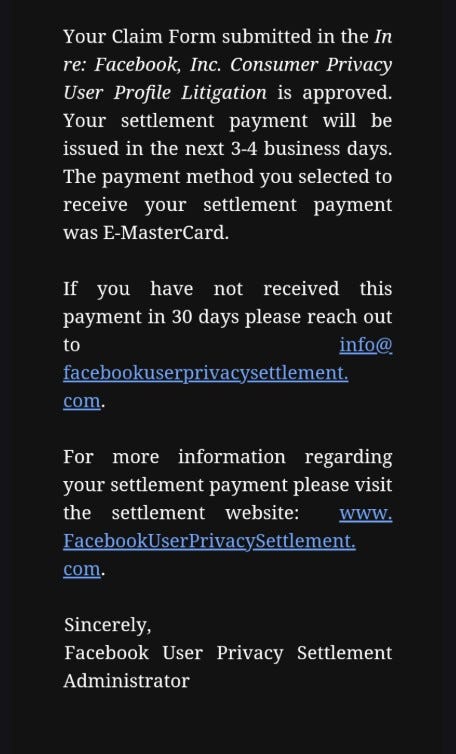 Screenshot of a real settlement payment notification example